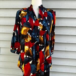 Alfani Abstract‎ Artistic Multicolor Button Down Blouse Silk Blend Long Sleeve